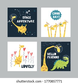 A Set Of Illustrations Of Cute Giraffes With Dinosaurs And Written Phrases In The Space Style. For Printing On Children's Clothing, Bedding, Paper, And Packaging. Drawn Vector Images