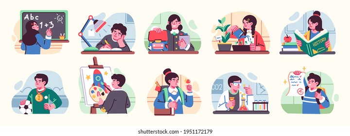 Set of Illustrations with cute happy little children at school. Vector flat style