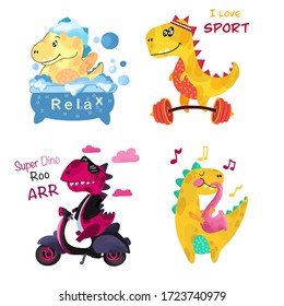 Set of illustrations of cute little dinosaurs. Vector illustration.
