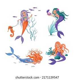 Set of illustrations of cute mermaids.