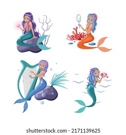 Set of illustrations of cute mermaids.