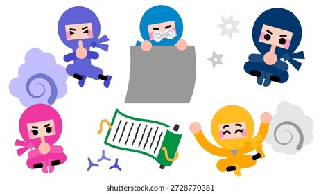 Um conjunto de ilustrações de personagens ninjas bonitos praticando ninjutsu.