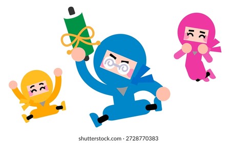 Un conjunto de ilustraciones de lindos personajes ninja sosteniendo pergaminos con alegría.