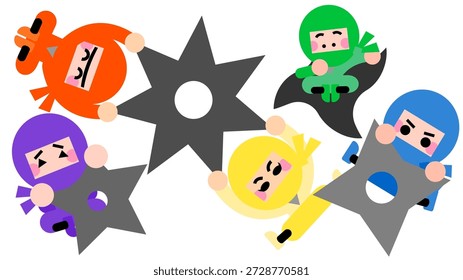 Un conjunto de ilustraciones de lindos personajes ninja luchando lanzando shuriken.