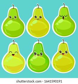 set of illustrations with a cute pear, different emotions, characters in cartoon style, on a blue background.
can be used as stickers.
cute fruits