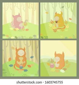 Set of illustrations with cute pink, ginger, yellow horned monsters and mugs of tea in autumn wood. Vector.