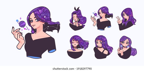 Set of illustrations of cute teen girl with stars and planets in her hair. Galaxy humanization concept. Vector Illustration