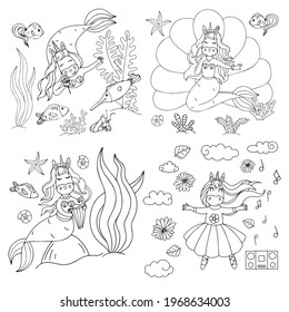 Set of illustrations of cute unicorns in cartoon style