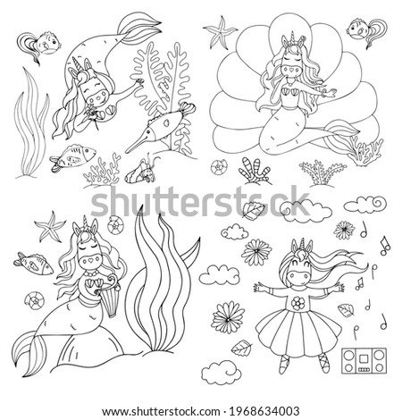 Set of illustrations of cute unicorns in cartoon style