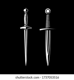 Set of Illustrations of daggers in engraving style. Design element for logo, label, emblem, sign. Vector illustration