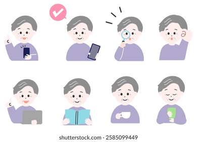 A set of illustrations of the daily life of elderly Japanese men - simple and cute illustrations