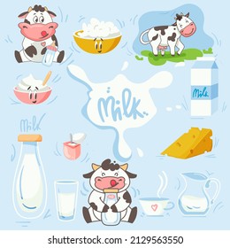 A set of illustrations with dairy products. Vector set. Milk, cheese, milk splashes.