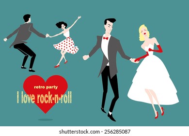 set of illustrations dancing rock 'n' roll couples in retro styles