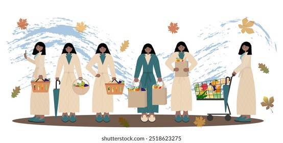 Set of illustrations dark-skinned woman in light-colored coat, holding basket, paper bags and shopping cart. Vector flat for retail marketing, online store promotions, social media content.