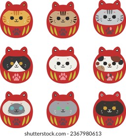 Set of illustrations of Daruma the cat of various patterns
