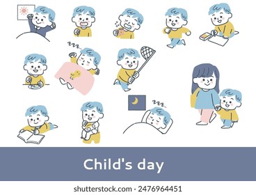 Set of illustrations of a day in the life of a toddler about kindergarten or nursery school (boy)