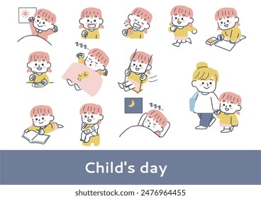 Set of illustrations of a day in the life of a toddler of about kindergarten or nursery school age (girl)