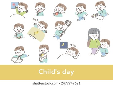 Set of illustrations of a day in the life of a toddler about kindergarten or nursery school (boy)