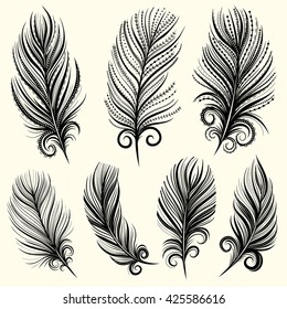Set of illustrations with decorative feathers. Black and white