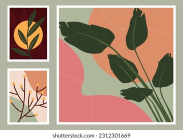 set of illustrations of decorative plants, paintings of tropical plants, monsteras, palm trees, leaf painting