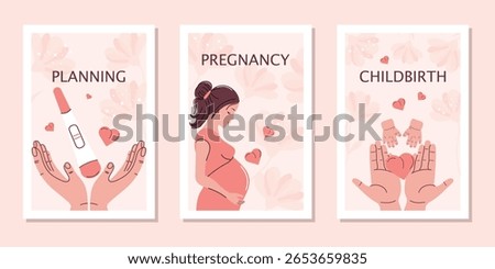 A set of illustrations dedicated to pregnancy and planning, childbirth and motherhood. Vector illustration.
