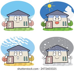 A set of illustrations of deformed house characters for spring, summer, autumn and winter.