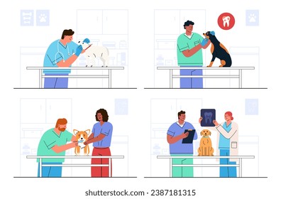 Conjunto de ilustraciones Atención dental, radiografía, tratamiento de dientes de cepillo para perros. Concepto Veterinario, Odontología, mascota de chequeo de salud. Kit vectorial de estilo plano