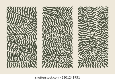 Set of illustrations depicting abstract hand-drawn leaves in rectangles. Vector floral illustration.Trendy design for decor. Poster, wall art.