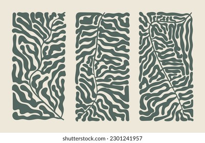 Set of illustrations depicting abstract hand-drawn leaves in rectangles. Vector floral illustration.Trendy design for decor. Poster, wall art.