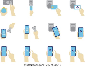 A set of illustrations depicting the action of paying.  blue smartphone