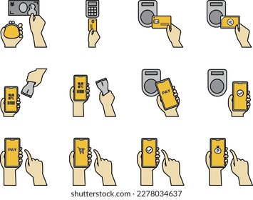 Un conjunto de ilustraciones que ilustran la acción del pago. smartphone amarillo