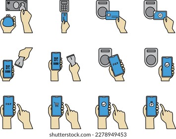 A set of illustrations depicting the action of paying. light blue smartphone