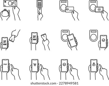 A set of illustrations depicting the action of paying. black line drawing