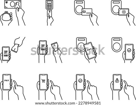 A set of illustrations depicting the action of paying. black line drawing