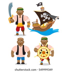 Set of illustrations depicting an African man and a pirate ship. The one-legged sailor at the helm with a sword and a strong man.