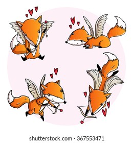 Set illustrations depicting depicting a cute red fox cartoon in various poses. Vector cartoon fox. Saint Valentine card.