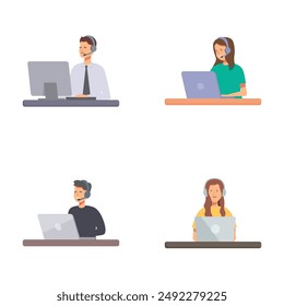 Set of illustrations depicting diverse customer service representatives working on laptops with headsets