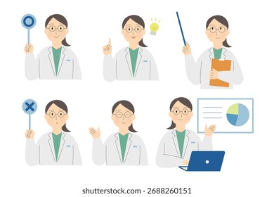 Un conjunto de ilustraciones que representan a médicos que proporcionan explicaciones o comentarios.