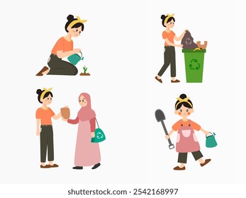 A set of illustrations depicting eco-friendly activities like recycling, gardening, and community engagement. Ideal for environmental awareness campaigns, educational materials, and social projects