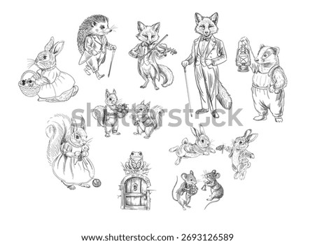 A set of illustrations depicting forest animals. Animals in Victorian style costumes. Vector illustration	