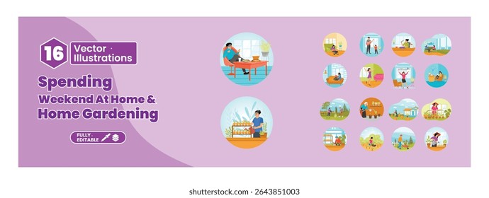 A set of illustrations depicting fun weekend activities. Gardening, relaxing, exercising, and playing music. Mega set.
