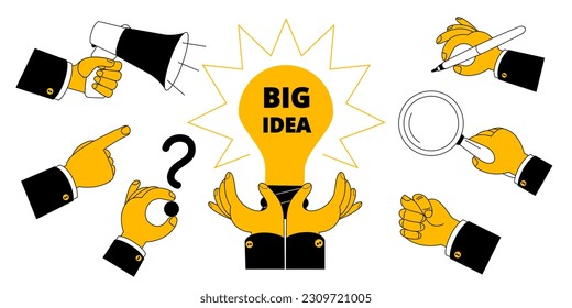 Un conjunto de ilustraciones que representan una mano y varios accesorios de negocios. Ilustración vectorial al estilo de las caricaturas de contorno.