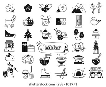 A set of illustrations depicting Japanese winter events such as Santa and camellias.The text means a coming-of-age ceremony.