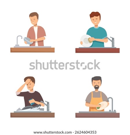 Set of illustrations depicting men variously engaged in washing dishes and taking part in home chores