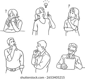Conjunto de ilustrações que retratam pessoas em vários estágios de pensamento, incluindo contemplar, ter uma ideia (momento de lâmpada) e parecer intrigado. Apresenta indivíduos diversos mostrando confusão.