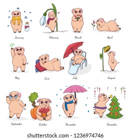 set of illustrations depicting a pig for a calendar or postcards for different months on a white background