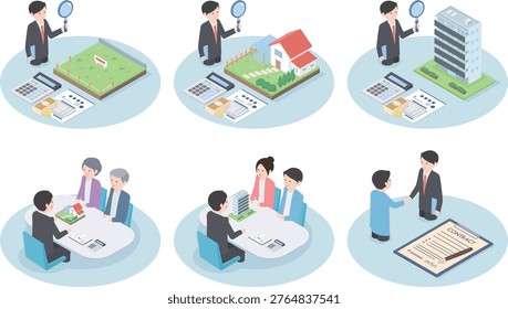 A set of illustrations depicting the process of buying and selling real estate
