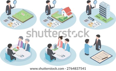 A set of illustrations depicting the process of buying and selling real estate
