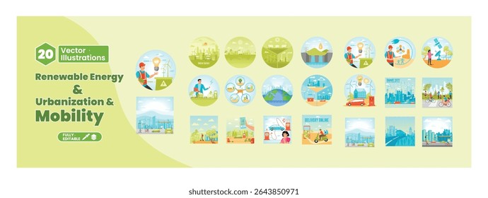 Set of illustrations depicting renewable energy and urban mobility. Urban planning, urban transport, solar power, and eco-friendly living. Mega set.