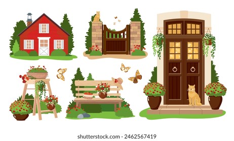 A set of illustrations depicting summer garden scenes with houses, blooming flowers, trees, a bench, a fence with a gate, an entrance door, flower beds and others. Vector illustration.